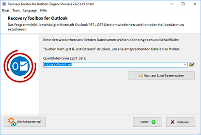 .pst Quelldatei wählen, die Sie reparieren möchten