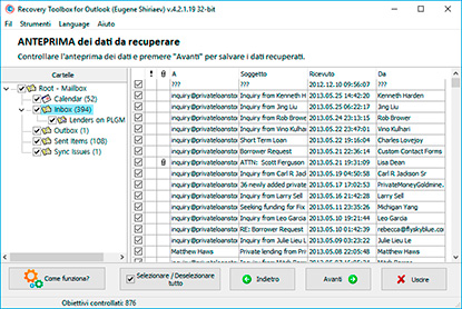 Leggere (individuare e recuperare) i dati contenuti nel file .pst selezionato
